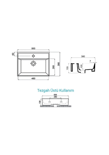 Aqua Bagno Plan Tezgah Üstü Kare Çanak Lavabo 50 x 38 CM