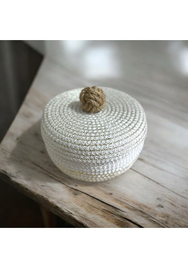 Hasır Sepet, Kapaklı Dekoratif Sepet, Çok Amaçlı Kutu, Ekru Şekerlik Sepeti