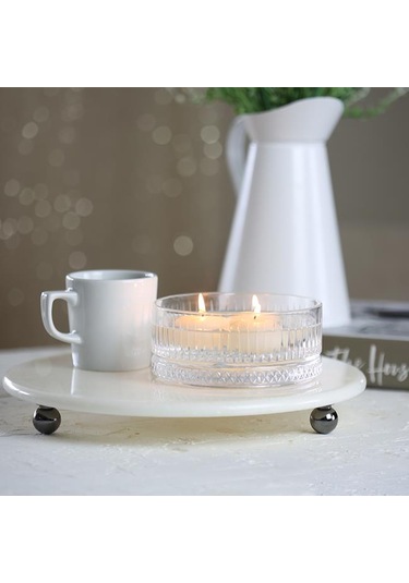 Akayev Mermer 28 CM Füme Boncuk Ayaklı Beyaz Yuvarlak Sunumluk