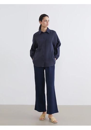 LC Waikiki Lacivert Dokulu Oversize Müslin Kadın Gömlek Tunik