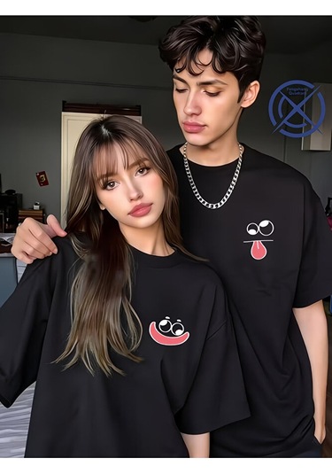 Nevermind Sevgili Kombini Tişört 2 Li Set Unisex Minimal Yüz Baskılı Çift T Siyah