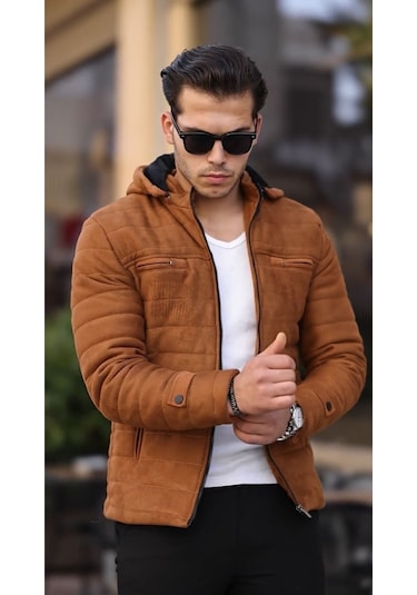 Erkek Taba Dar Kesim Kapüşonlu Süet Mont Taba