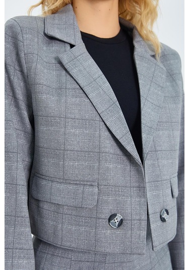 4581 Kadın Ekoseli Crop Ceket Gri Gri