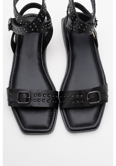 Luvishoes Carril Siyah Hakiki Deri Troklu Kadın Sandalet Siyah