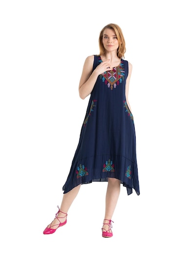 Kolsuz Şile Bezi Antik Nakışlı Midi Boy Elbise Lacivert Lcvt-lacivert Lacivert