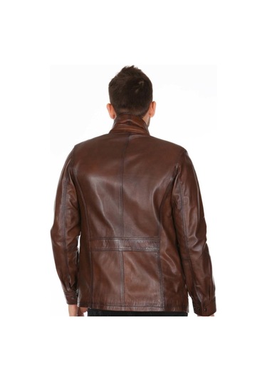 Hakiki Kuzu Derisi Fermuarlı Dört Cepli Düğme Detaylı Erkek Deri Ceket Kahverengi Kahverengi