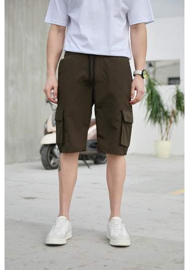 Haki Renk Kargo Cepli Paraşüt Kumaş Erkek Şort-1558 Haki