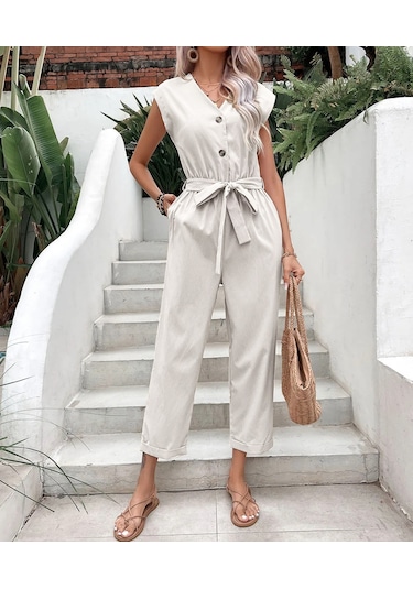 Barbora Keten Kadın V Yaka Tek Sıra Düğmeli Kolsuz Tulum Ln28ekru7 001