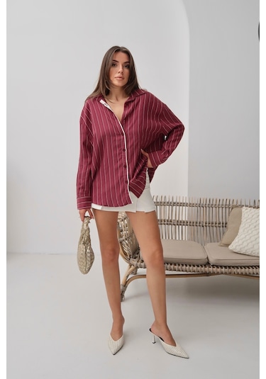 Paw Garage Kadın Monroe Dantel Işlemeli Yazlık Gömlek, Dokuma Modal Kumaş Oversize Gömlek Bordo