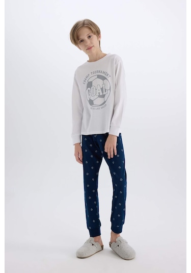 DeFacto Erkek Çocuk Pijama Takımı Bisiklet Yaka Baskılı Uzun Kollu Üst Desenli Alt D5215A824WNWT34