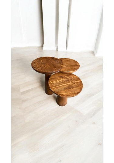 Wood Ahşap 3 Lü Set Konik Mantar Yan Sehpa Boğumlu Model / Açık