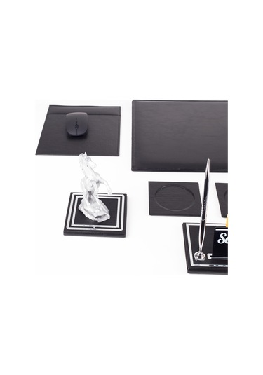 Opta 10 Parça Şahlanan At Biblolu Siyah Deri Sümen Seti Takımı Gümüş Ofis Masa İsimliği Lüks İsimlik