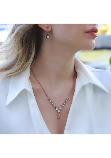 Damla Elmas Montür Modeli Rose Gold Gümüş Set Gümüş