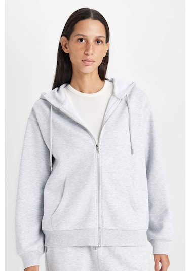 Defacto Relax Fit Kapüşonlu Cepli Basic Düz Fermuarlı Sweatshirt C1809AX24WNGR93 Gri