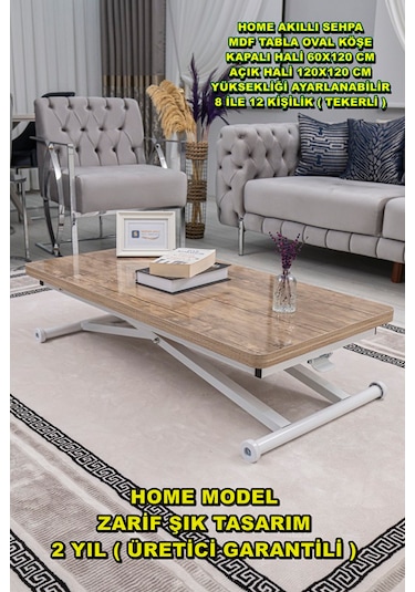 Sehpam Akıllı Home Üst Tabla Mdf Antiklayt Oval Köşe Alt Beyaz Antiklayt