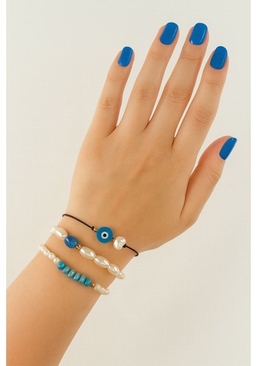 3lü Nazar Boncuklu İncili Boncuklu Asansörlü Lastikli İp Bileklik. Kadın İp Bileklik Halhal Çok Renkli