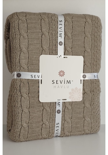 Sevim Çift Kişilik Ponponlu Triko Örme Battaniye - Yumuşak Doku & Şık Tasarım - Mint Yeşili - 220x240 Cm Bej Bej