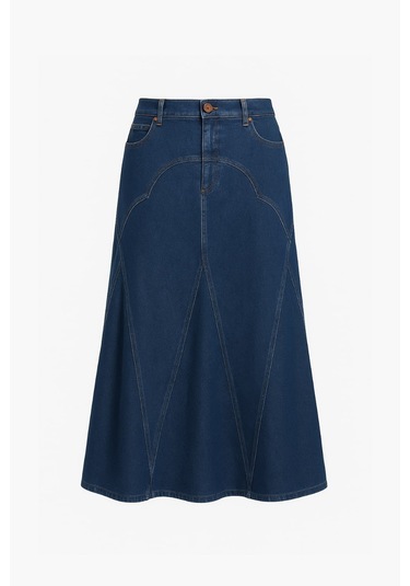 Mizalle Parça Volanlı Lacivert Maksi Denim Etek Lacivert
