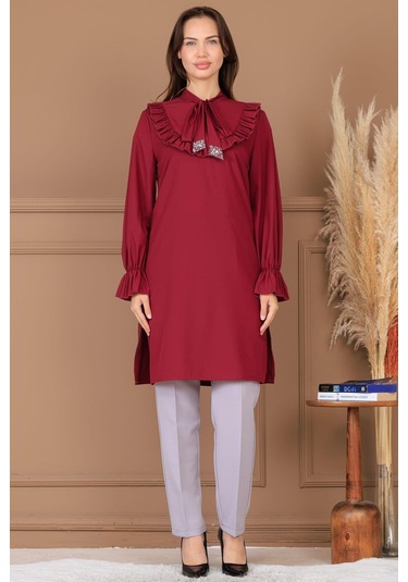 Asel Tunik Pantolon İkili Tesettür Takım Bordo Bordo