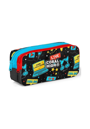 Coral High Kids Siyah Mavi Gamer Desenli İki Bölmeli Kalem Çantası 12092