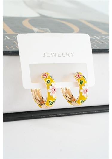 Kadın Özel Seri Mineli Çiçek Motifli Kararmaz 2 Cm Halka Küpe Seti - Sarı