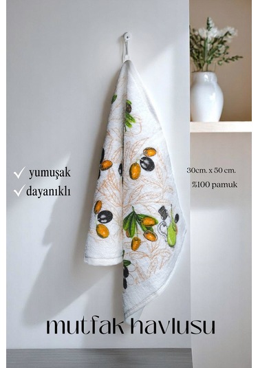2li Paket Baskılı Beyaz Mutfak Havlusu Modeli Zeytin