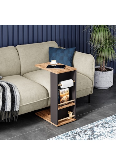 İntergo Tekerlekli Yan Sehpa Rulo Havlu Takılabilir Koltuk Sehpası C Sehpa Zigon Sehpa Atlantik Çam - Antrasit