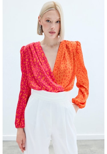 Sateen Kruvaze Desenli Bodysuit - Oranj-Fuşya Fuşya - Turuncu