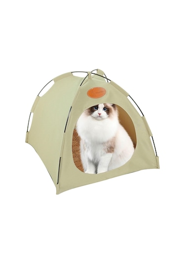 Geeroyoo Katlar İçin Taşınabilir Katlanabilir Çadır Ev, Yastıklı M Bej Renk, 40x40x37cm