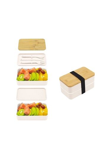 Maiyame Mikrodalga Uyumlu Büyük Kapasiteli Bambu Kapaklı Çift Katlı Yemek Kutusu Pp Malzeme, Taşınabilir Ve Bulaşık Makinesine Uygun Beyaz