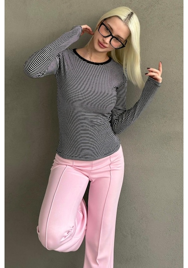 Siyah Çizgili Uzun Kollu Kadın Body Mg2657 Siyah