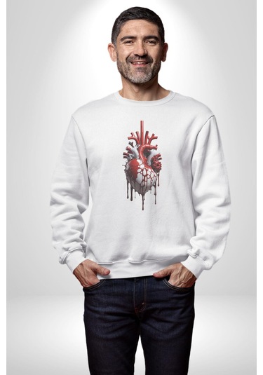 Kırmızı Beyaz Kalp Toplar Damar Unisex Beyaz Baskılı Sweatshirt Beyaz