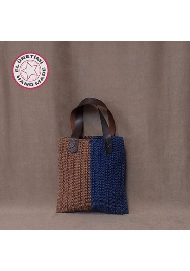 Uretti - Volkan 4975 8338 El Yapımı Kahverengi - Lacivert Renk Kağıt İp El Çantası Kahverengi - Lacivert