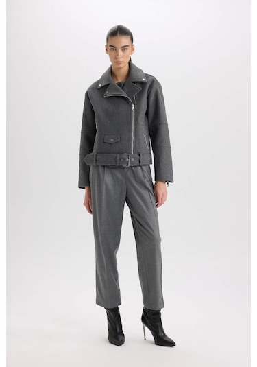 DeFacto Regular Kalıp Ceket Yaka Cepli Kemerli Fermuarlı Kısa Kaşe Kaban B8830AX25SPAR153 Antrasit