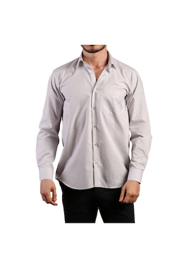 Açık Gri Büyük Beden Rahat Kesim Cepli Uzun Kol Regular Fit Erkek Gömlek - 150-29 001