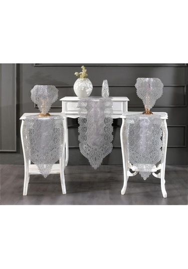 Fransız Güpürlü Kadife Luna Salon Takımı 5 Parça Gri Gri