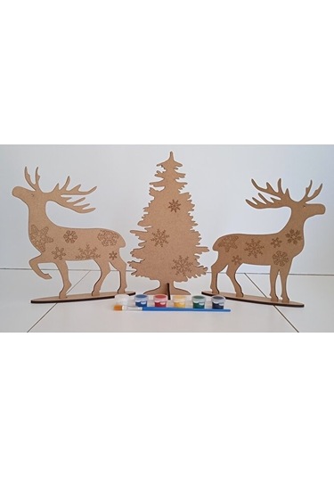 Geyik Ve Ağaç 3d Yapboz Yeni Yıl Temalı Ahşap Boyama Seti