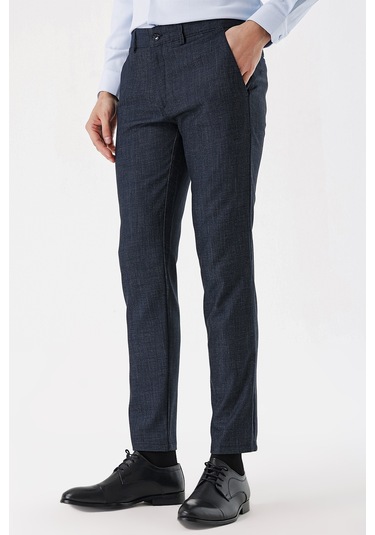 MORVEN  Erkek Lacivert Poliviskon Desenli Slim Fit  Pantolon