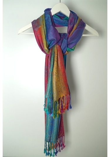 Pashmina Şal - Gökkuşağı Kadın Şal - %100 Paşmina Yünü Saks Mavi