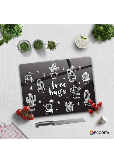 Decorita Cam Kesme Tahtası | Free Hugs-Siyah Fon | 30cm x 40cm