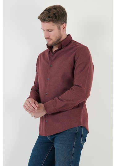 Buratti Pamuklu Regular Fit Düğmeli Yaka Kışlık Erkek Gömlek Cf24W127079 Bordo