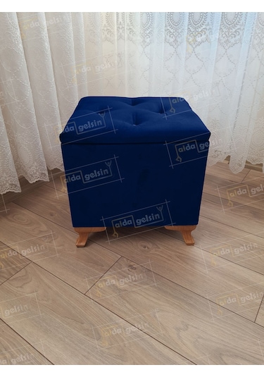 Lüks Sandıklı Tabure Puf 45 X 45 Cm Ceviz Ayak Lacivert