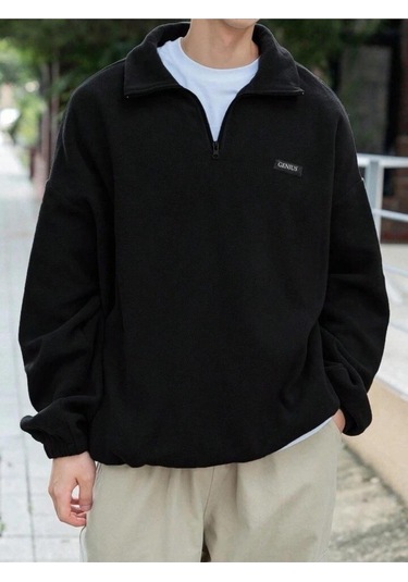Genıus Store Erkek Polar Oversize Sweatshirt Polar Sweatshirt Siyah