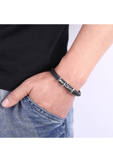 Punk Paslanmaz Çelik Örgülü Erkek Deri Bileklik Erkek Deri İp Eklemli Titanyum Çelik Bileklik Siyah