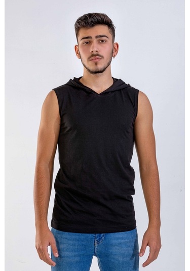 Siyah Kolsuz Kapşonlu Tshırt-Siyah