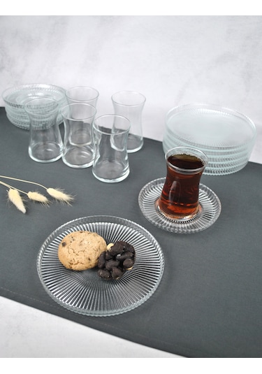 18 Parça Cam Çay Seti Takımı - Pasta Tabağı - Çay Bardağı Ve Çay