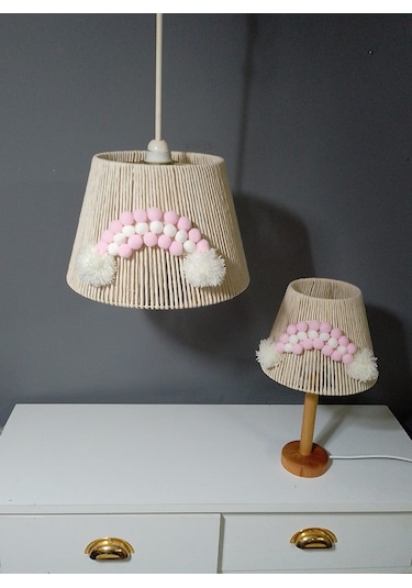 Makrome Avize Çocuk Odası Bebek Odası Abajur Avize Set Ahşap Ayak E27 Duy Ekru