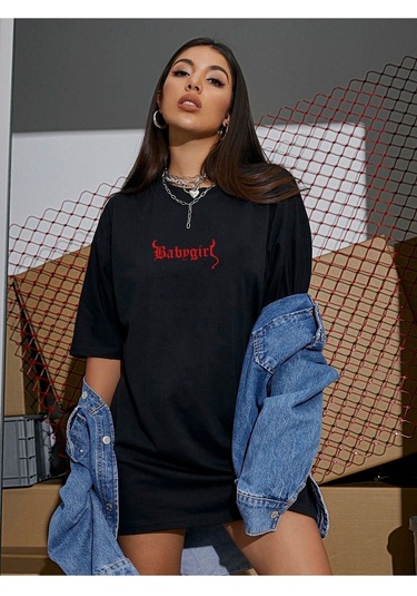 Kadın Siyah Oversiz Baby Girl Baskılı Örme T-shirt Siyah