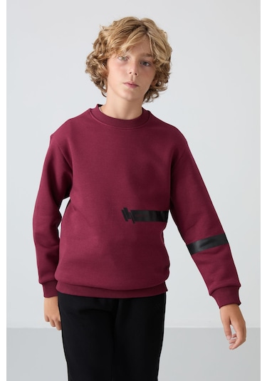 Erguvan Pamuklu Kalın İçi Tüylü Yumuşak Dokulu Standart Fit Baskılı Erkek Çocuk Sweatshirt - 11238 Mor