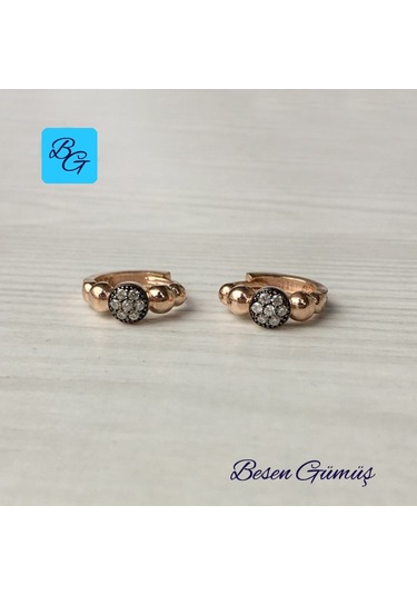 Rose Zirkon Taşlı Yuvarlak Toplu Halka Küpe Gümüş